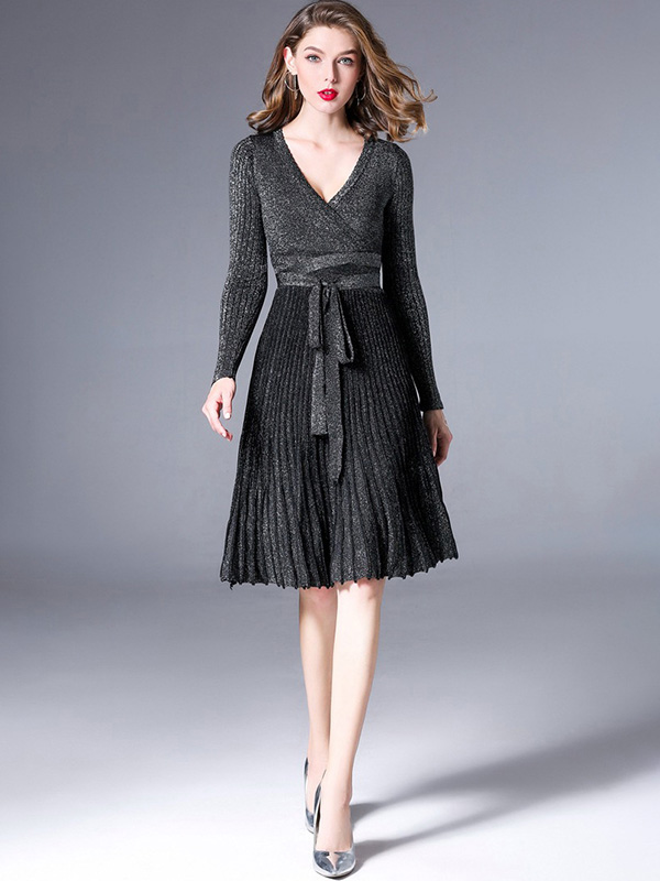 Black V Neck Knit Tie Waist Wrap Dress