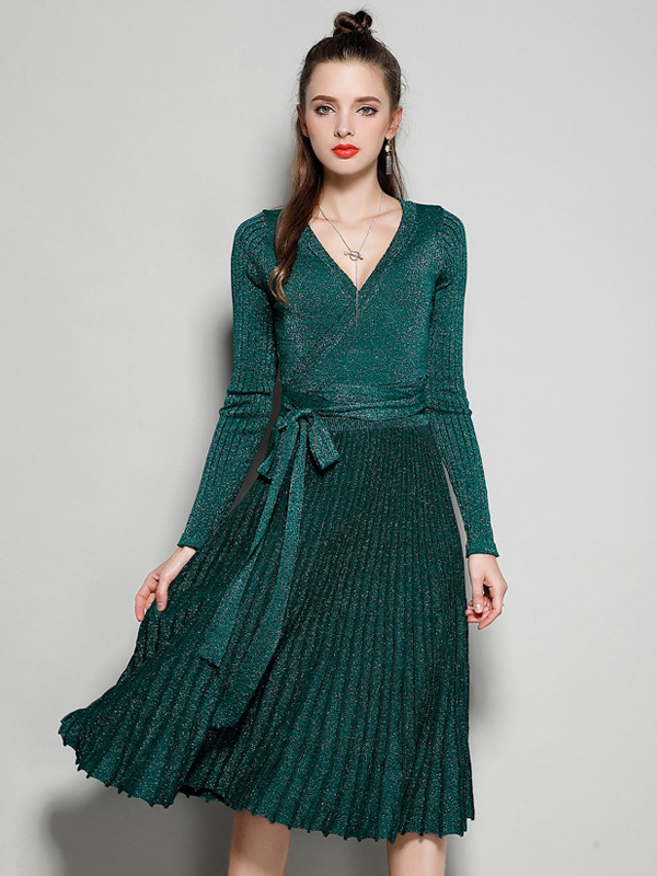 Green V Neck Knit Tie Waist Wrap Dress