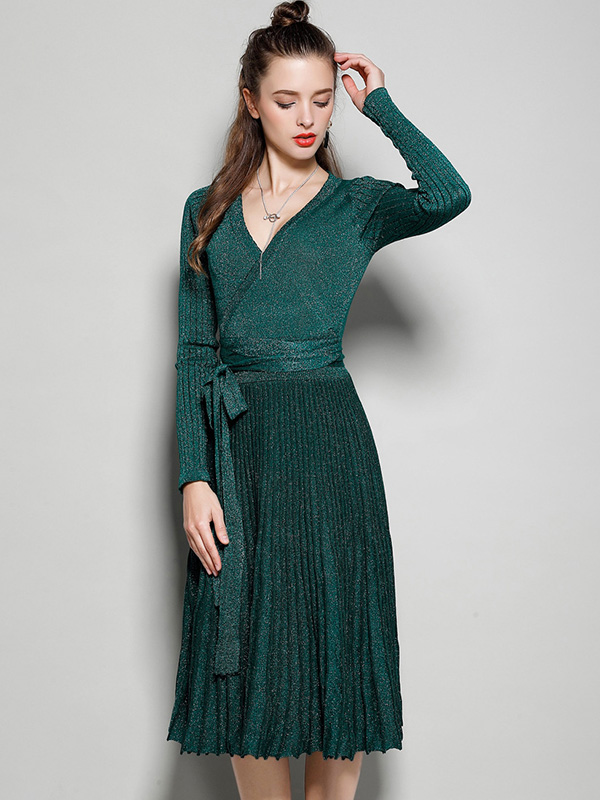 Green V Neck Knit Tie Waist Wrap Dress