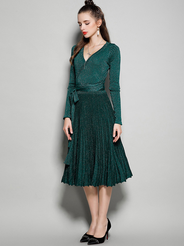 Green V Neck Knit Tie Waist Wrap Dress