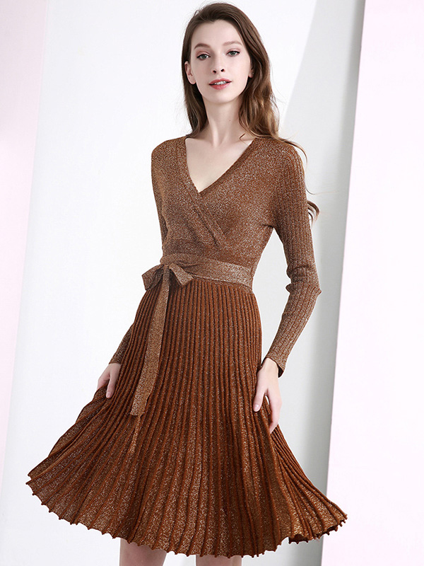 Brown V Neck Knit Tie Waist Wrap Dress