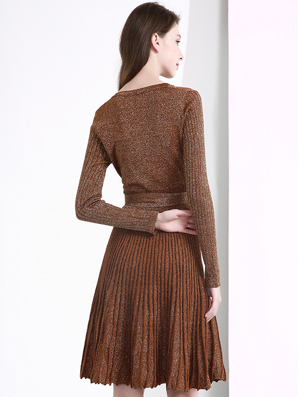 Brown V Neck Knit Tie Waist Wrap Dress