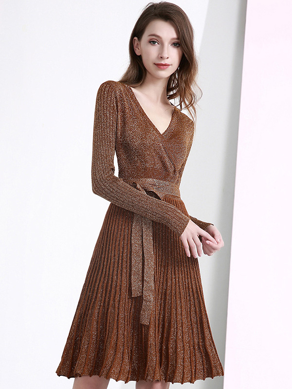 Brown V Neck Knit Tie Waist Wrap Dress