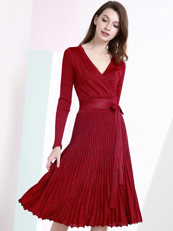 Burgundy V Neck Knit Tie Waist Wrap Dress