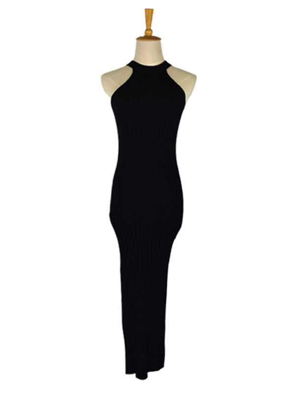 Black Halter Neck Knit Sleeveless Dress