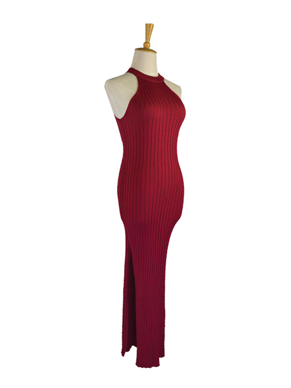 Burgundy Halter Neck Knit Sleeveless Dress