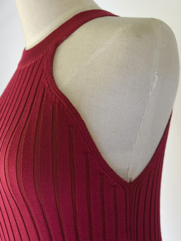 Burgundy Halter Neck Knit Sleeveless Dress