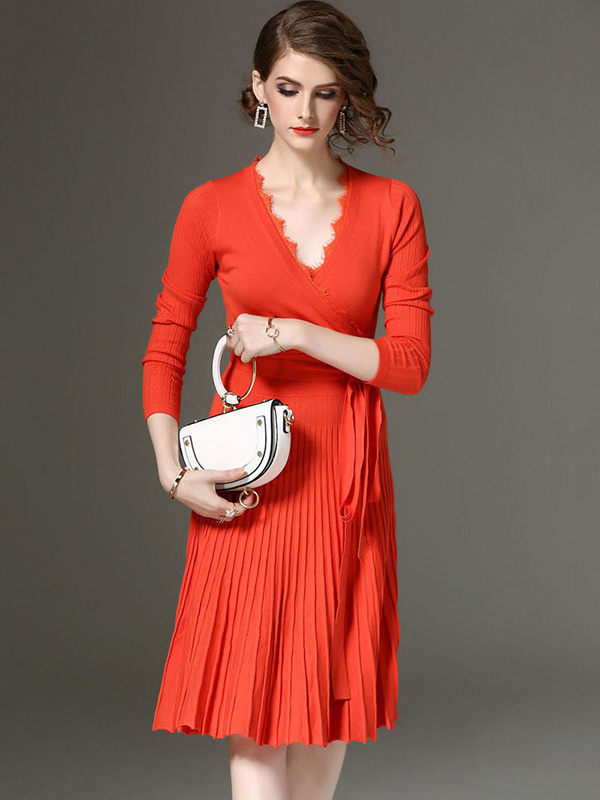 Orange V Neck Tie Waist Pleated Knit Dress