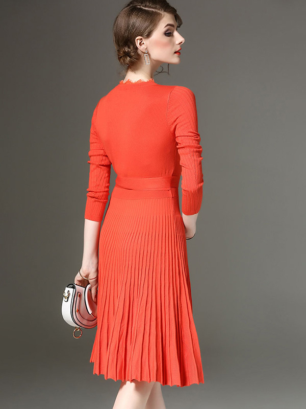 Orange V Neck Tie Waist Pleated Knit Dress