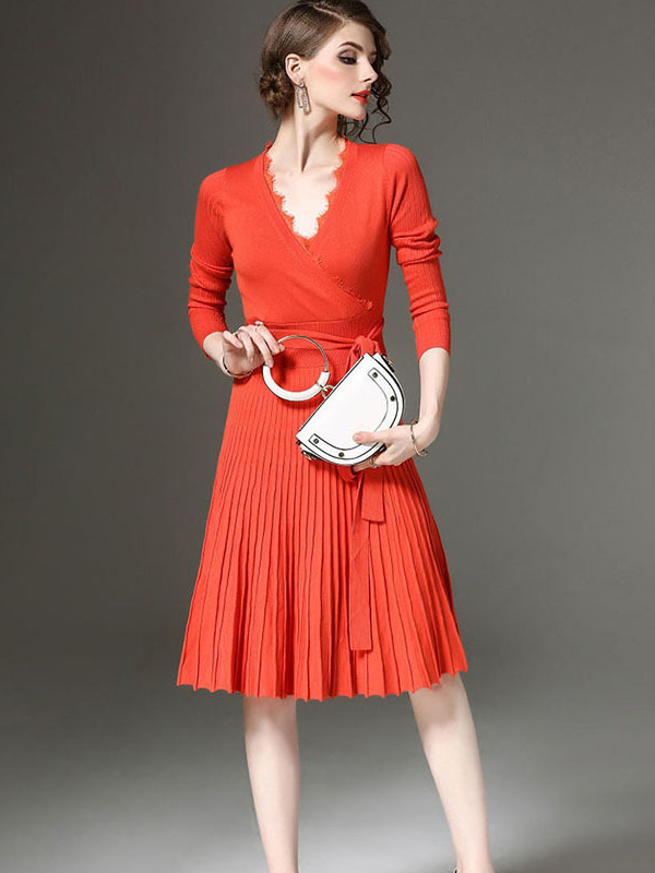 Orange V Neck Tie Waist Pleated Knit Dress