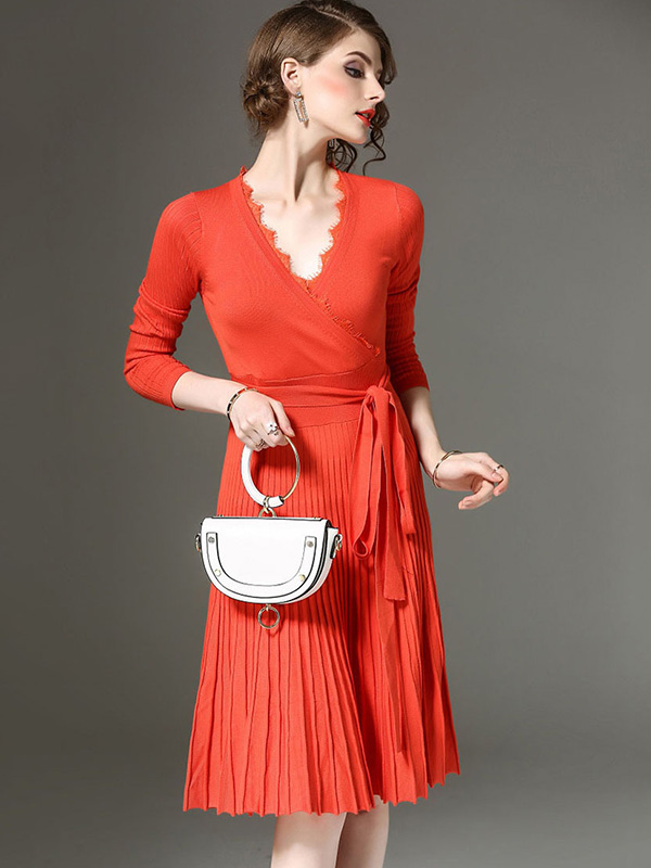 Orange V Neck Tie Waist Pleated Knit Dress