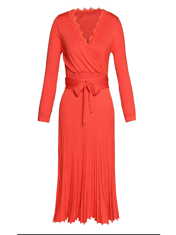 Orange V Neck Tie Waist Pleated Knit Dress