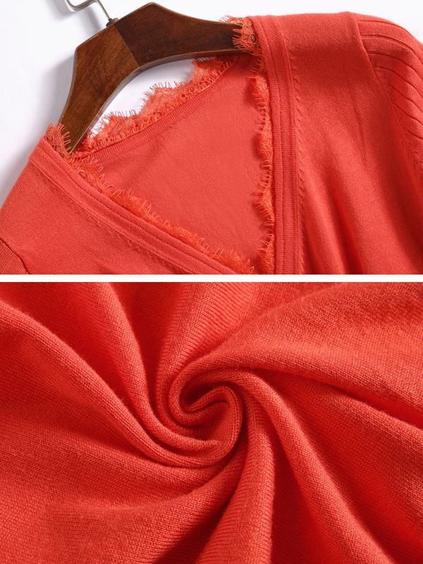 Orange V Neck Tie Waist Pleated Knit Dress