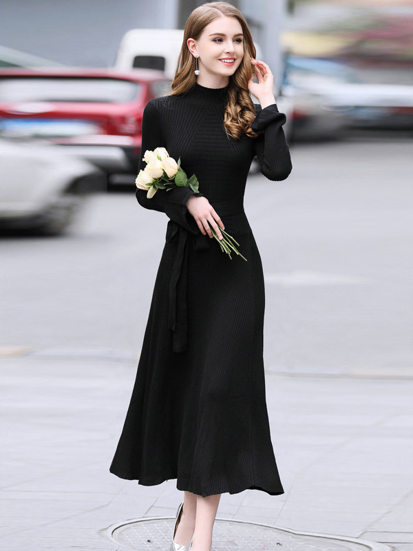 Black Stand Collar Flared Sleeves Maxi Dress