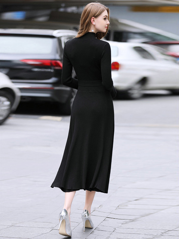 Black Stand Collar Flared Sleeves Maxi Dress