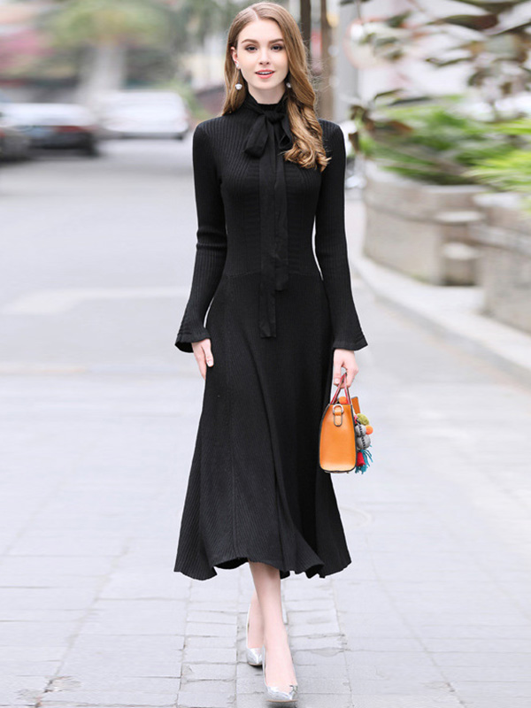 Black Stand Collar Flared Sleeves Maxi Dress