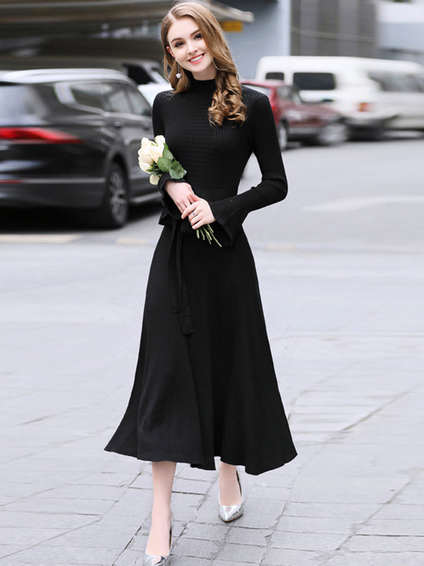 Black Stand Collar Flared Sleeves Maxi Dress