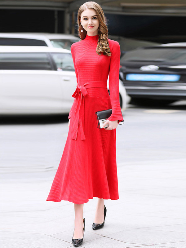 Red Stand Collar Flared Sleeves Maxi Dress