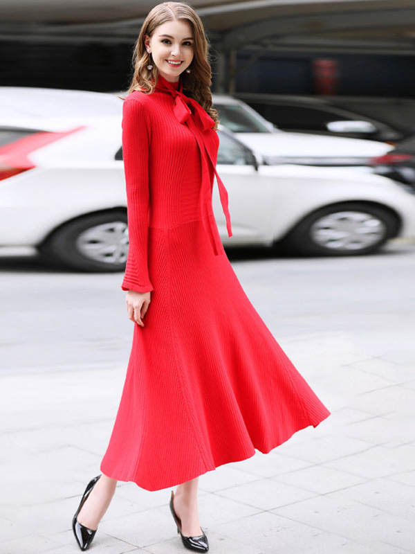 Red Stand Collar Flared Sleeves Maxi Dress