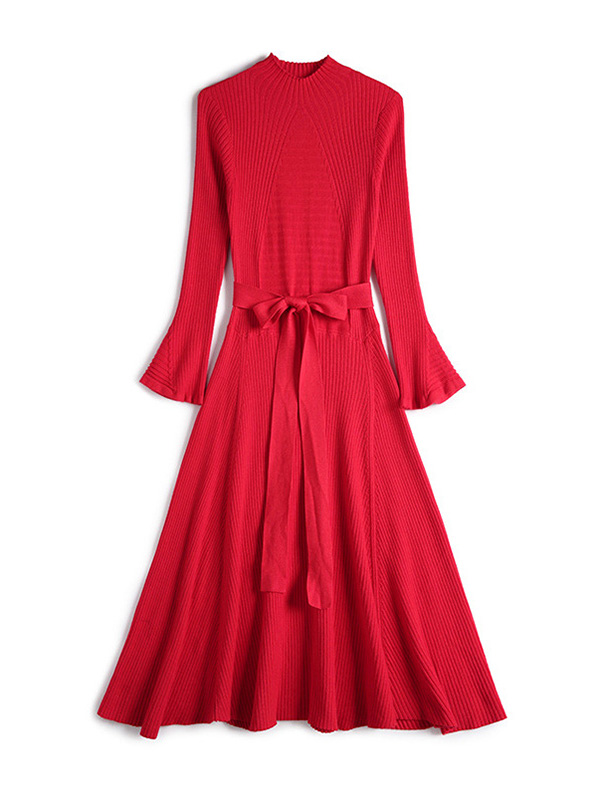 Red Stand Collar Flared Sleeves Maxi Dress