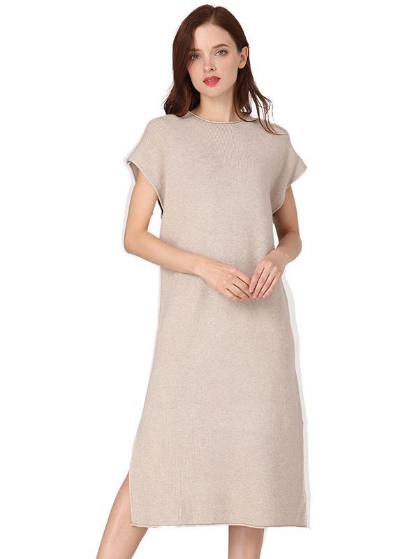 Apricot Round Neck Short Sleeves Midi Dress