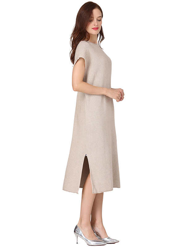 Apricot Round Neck Short Sleeves Midi Dress