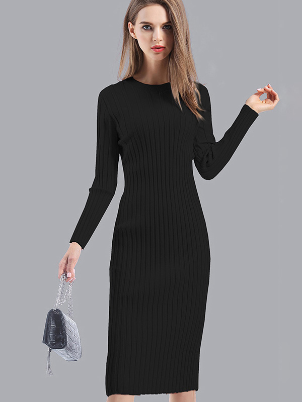 Black Round Neck Ribbed Knit Dress