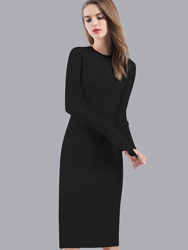 Black Round Neck Ribbed Knit Dress