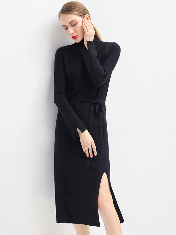 Black Stand Collar Tie Waist Knit Shift Dress