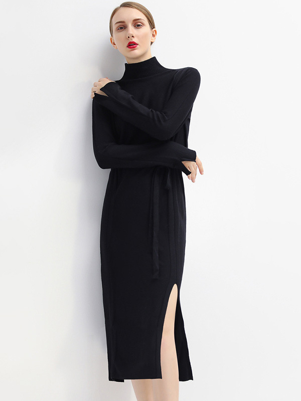 Black Stand Collar Tie Waist Knit Shift Dress