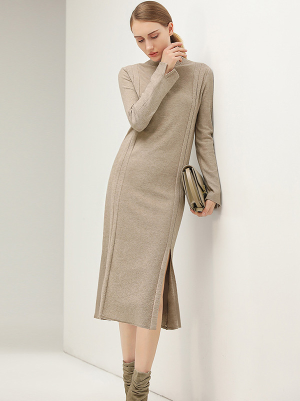 Khaki Stand Collar Tie Waist Knit Shift Dress