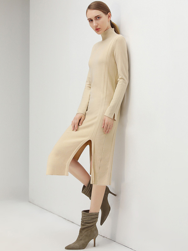 Apricot Stand Collar Tie Waist Knit Shift Dress