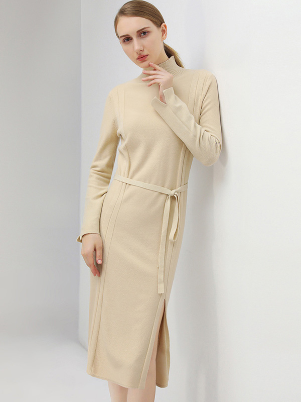 Apricot Stand Collar Tie Waist Knit Shift Dress