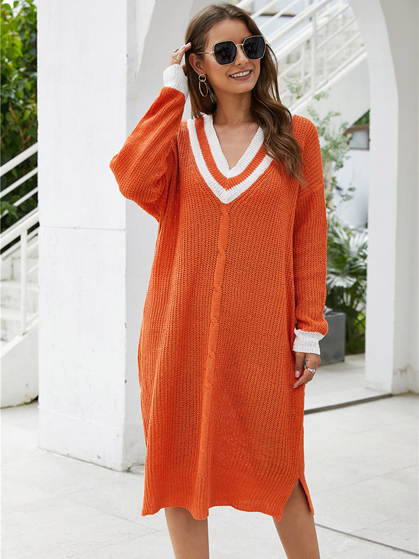 Orange V-neck Knitted Shift Dress