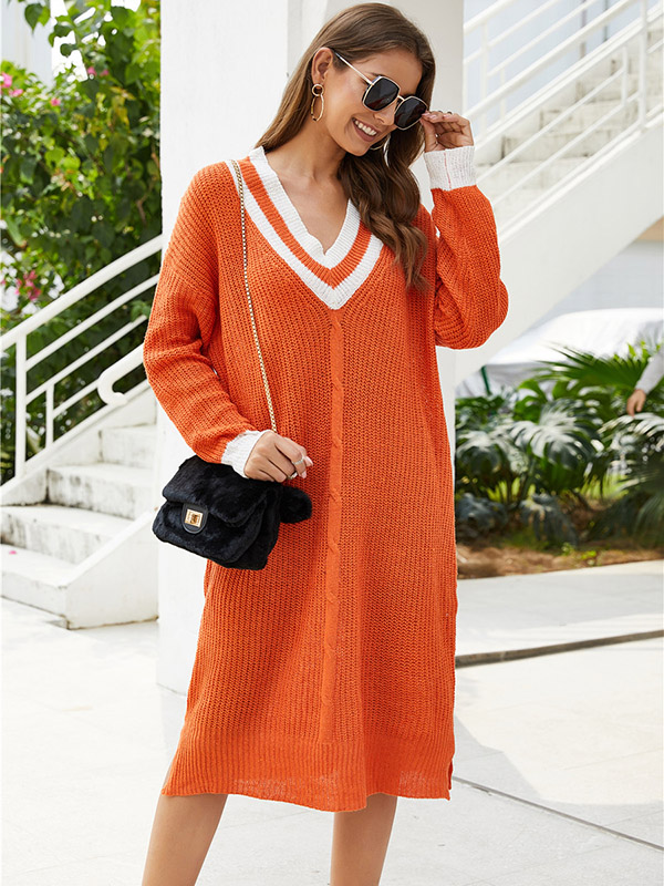 Orange V-neck Knitted Shift Dress