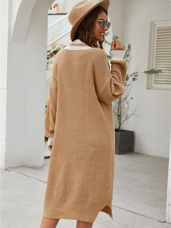 Khaki V-neck Knitted Shift Dress