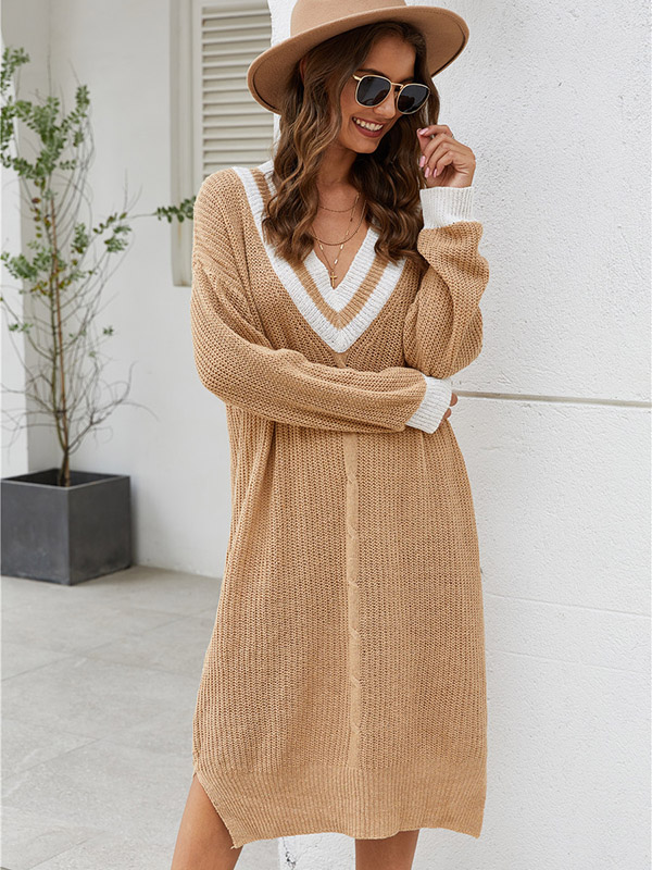 Khaki V-neck Knitted Shift Dress