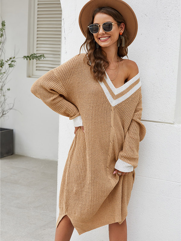 Khaki V-neck Knitted Shift Dress