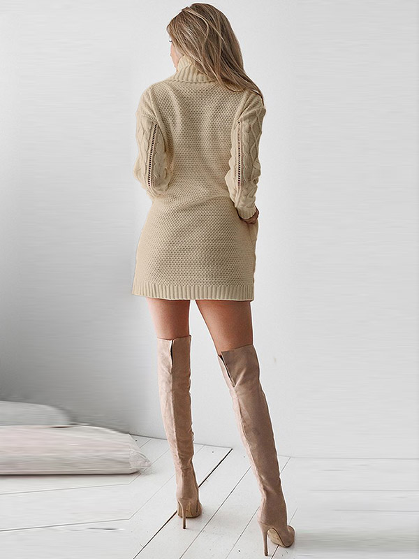 Khaki High Neck Cable Knitted Dress