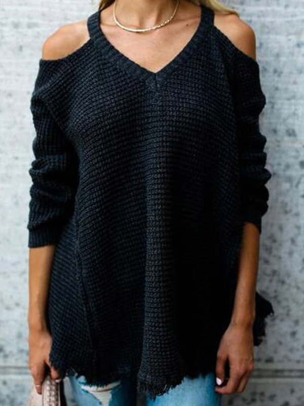 Black V Neck Cold Shoulder Sweater with Tassel