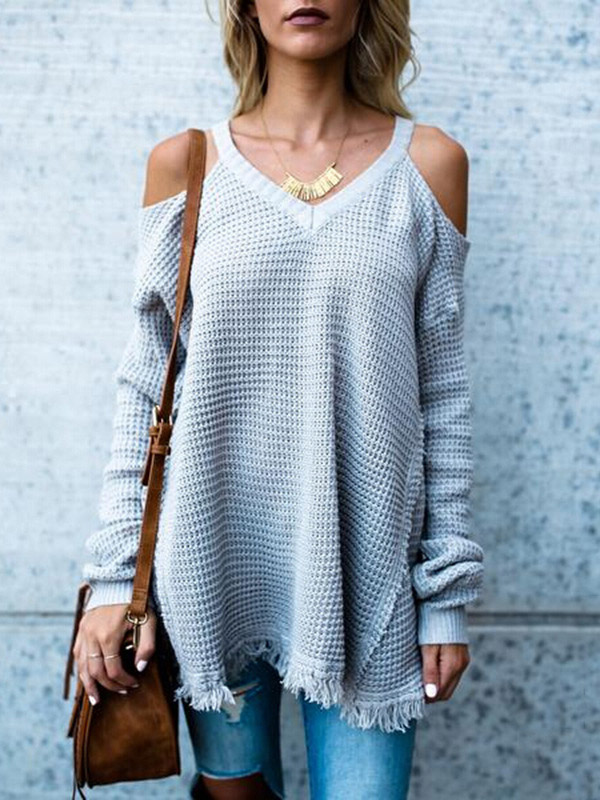 Grey V Neck Cold Shoulder Sweater with Tassel