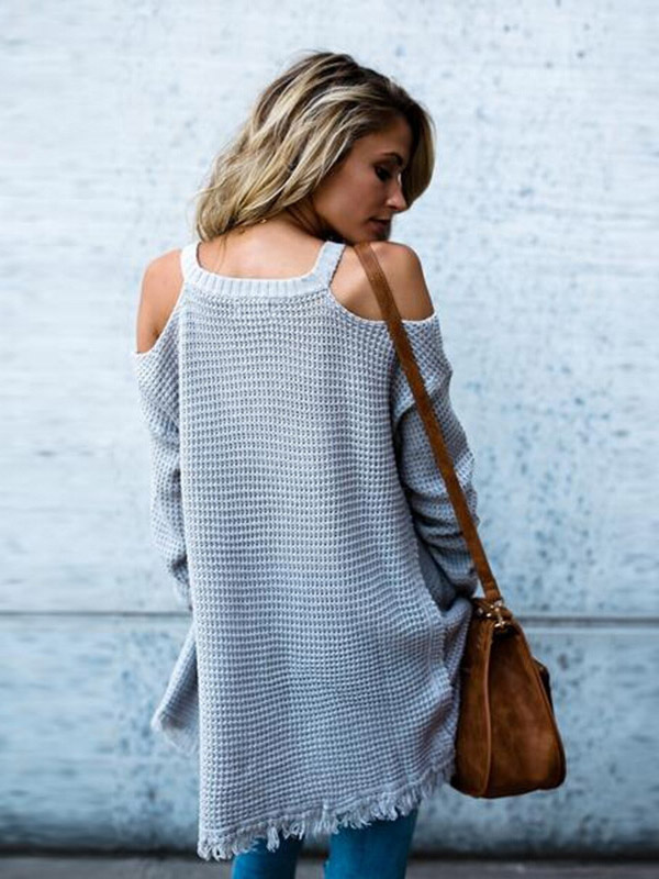 Grey V Neck Cold Shoulder Sweater with Tassel