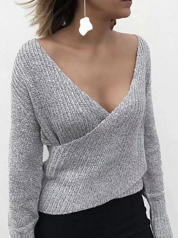 Grey Deep V Neck Sweater