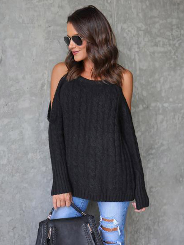 Black Round Neck Cold Shoulder Sweater