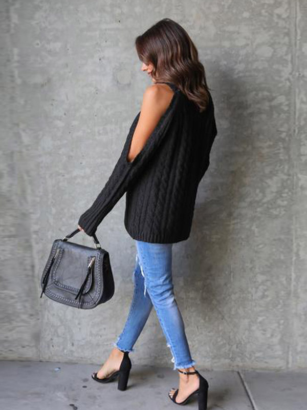 Black Round Neck Cold Shoulder Sweater