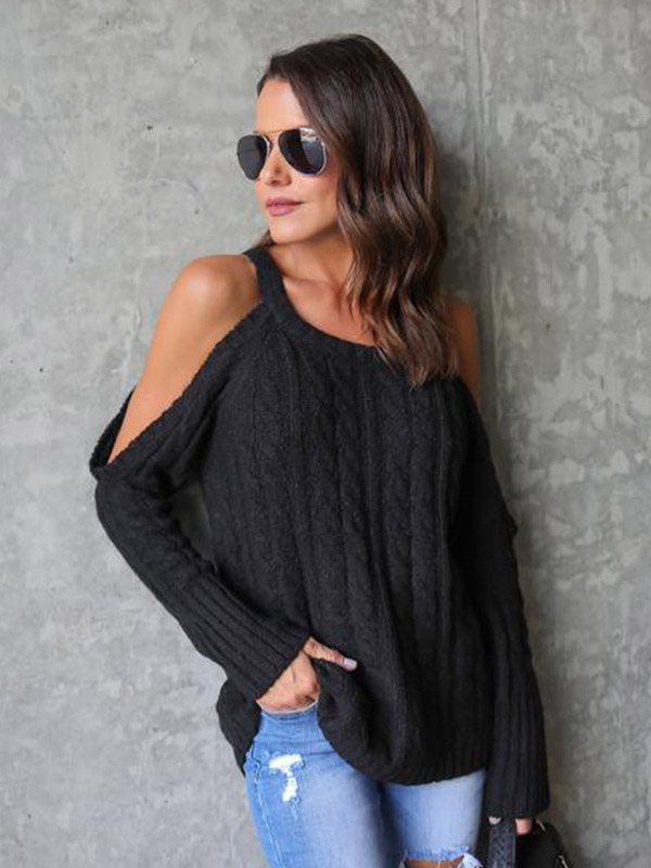 Black Round Neck Cold Shoulder Sweater