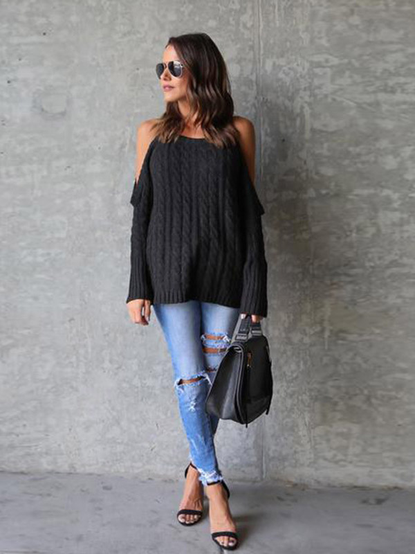 Black Round Neck Cold Shoulder Sweater