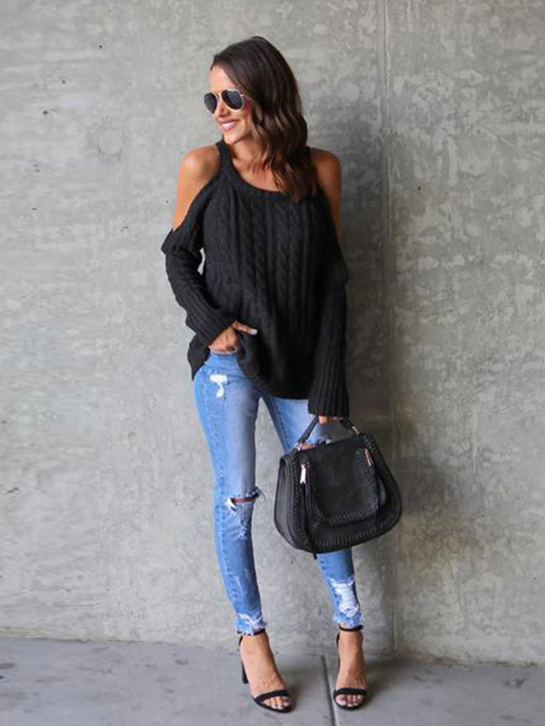 Black Round Neck Cold Shoulder Sweater