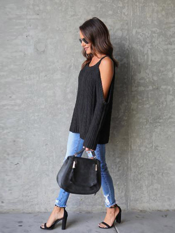 Black Round Neck Cold Shoulder Sweater