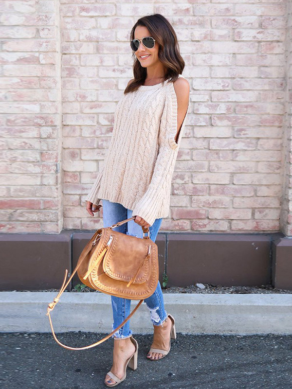 Beige Round Neck Cold Shoulder Sweater